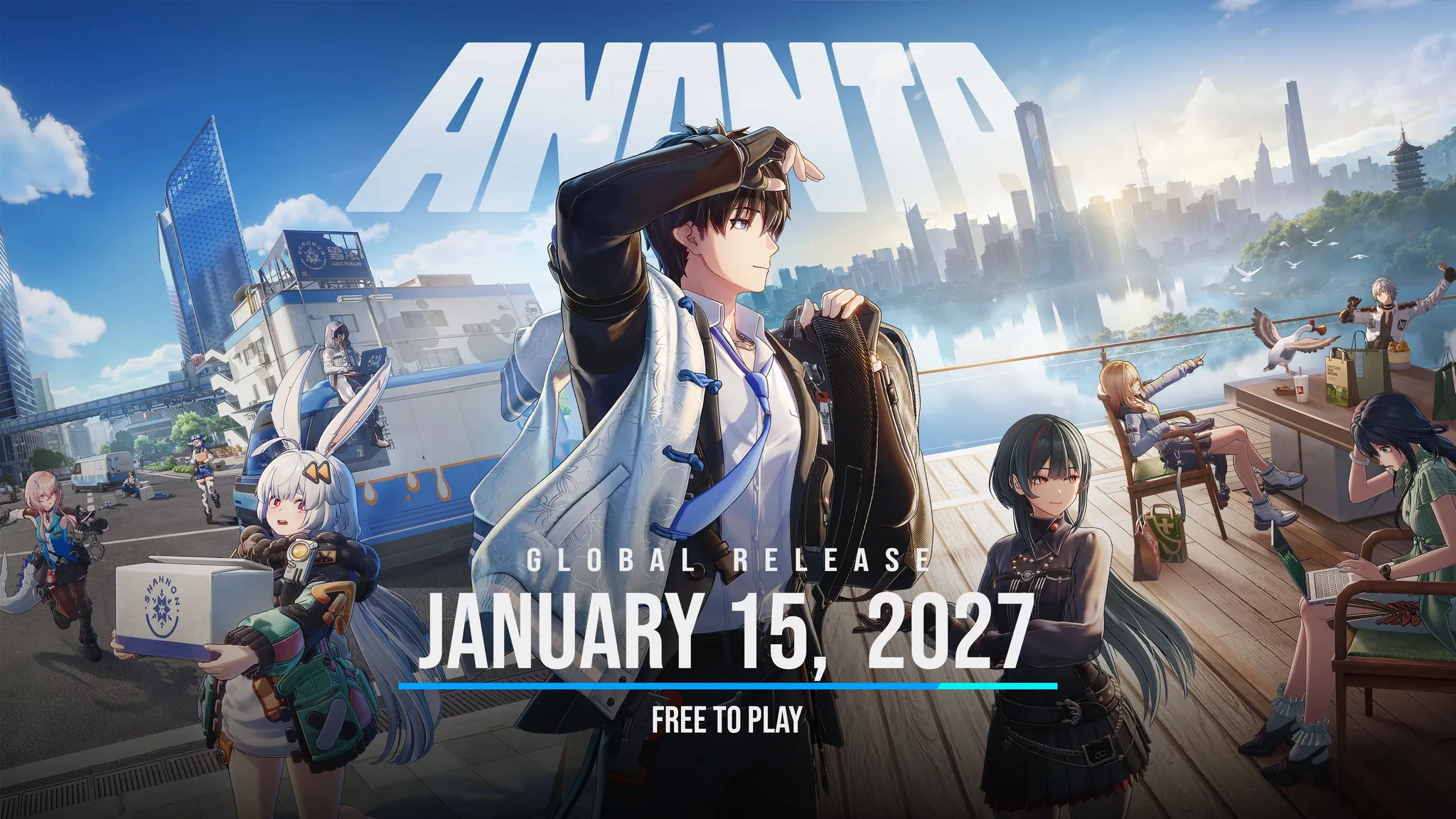 Ananta launch date key art: the cast on a waterfront boardwalk in Nova City, captioned Global Release January 15, 2027, Free to Play